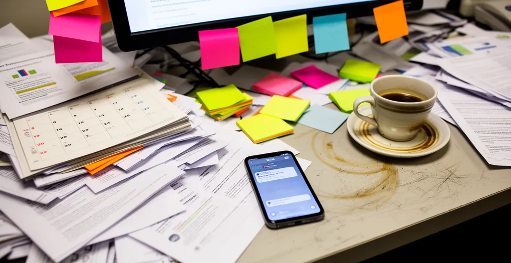 Bureau encombré avec planning papier et téléphone