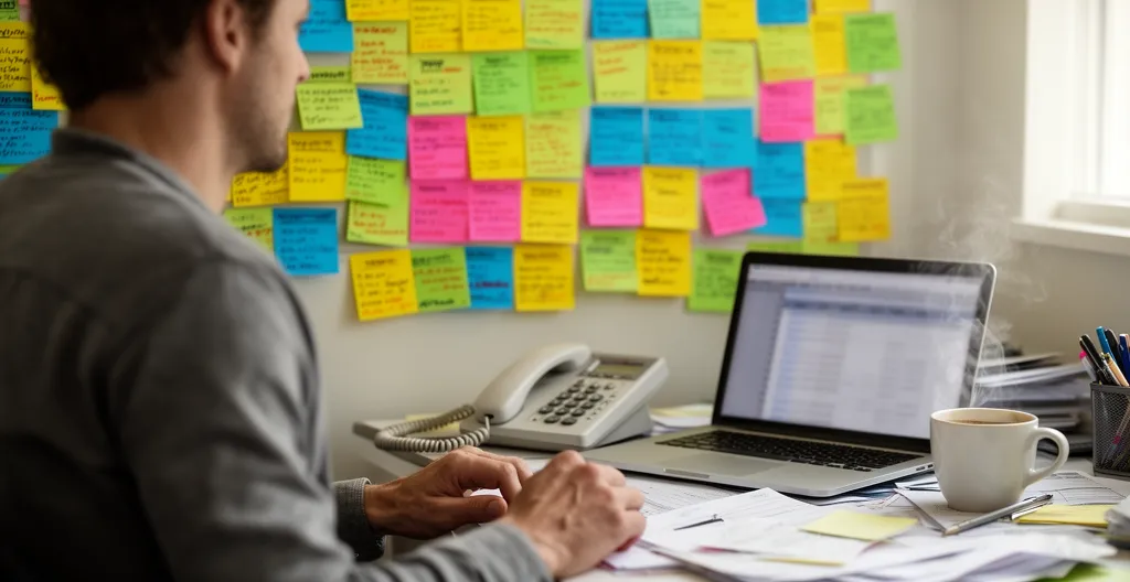 Responsable regardant un planning mural surchargé de post-its dans un bureau de PME