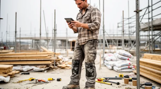 Technicien en vêtements de travail consultant une tablette sur un chantier en construction