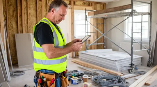 Technicien du bâtiment consultant une tablette sur un chantier en rénovation