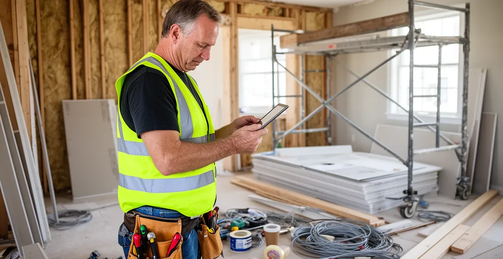 Technicien du bâtiment consultant une tablette sur un chantier en rénovation