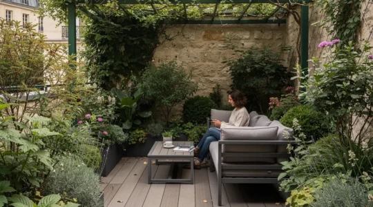 Petit jardin urbain du 92 transformé en oasis verdoyante avec terrasse bois