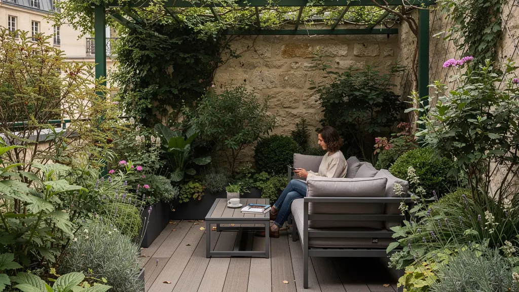 Petit jardin urbain du 92 transformé en oasis verdoyante avec terrasse bois