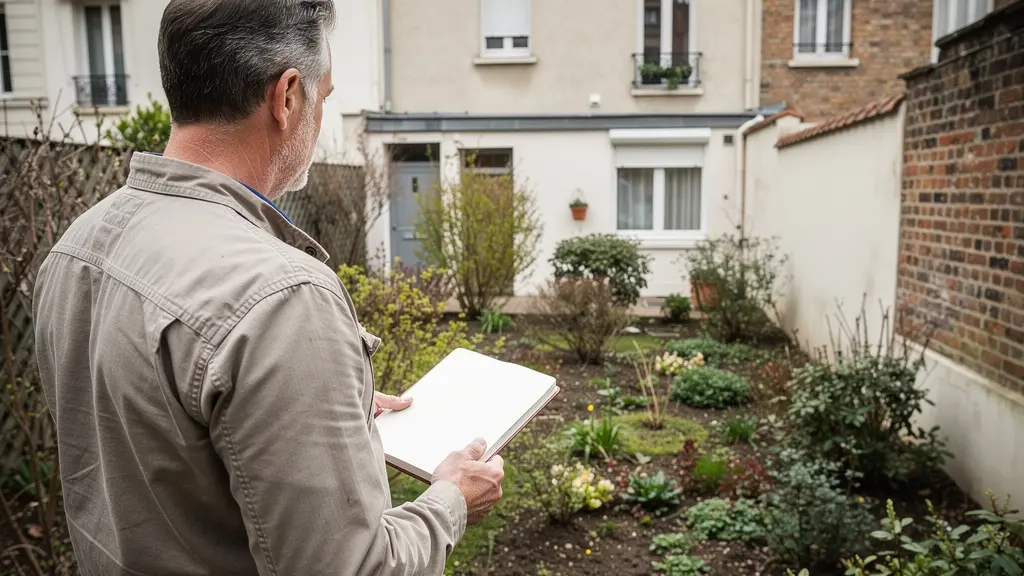 Paysagiste évaluant un petit jardin urbain à transformer dans le 92
