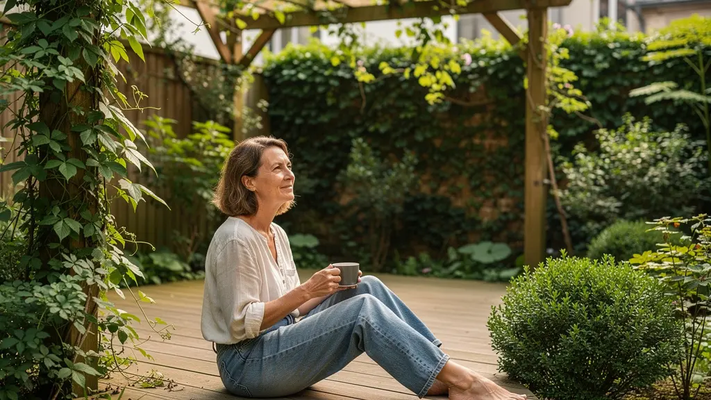 Propriétaire profitant de son petit jardin urbain transformé avec terrasse et végétation