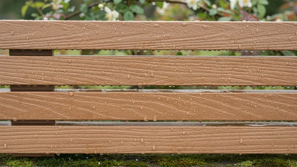 Détail de lames composite avec texture bois naturel dans un jardin breton