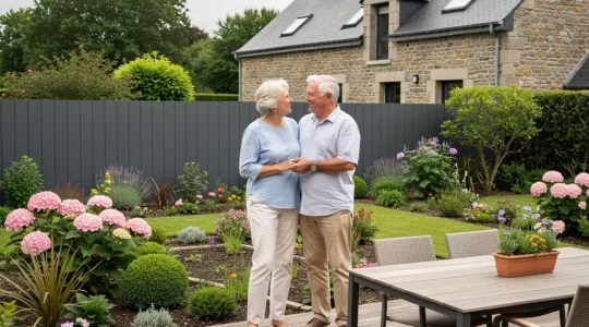 Couple de retraités admirant leur jardin rénové avec clôture composite en Bretagne