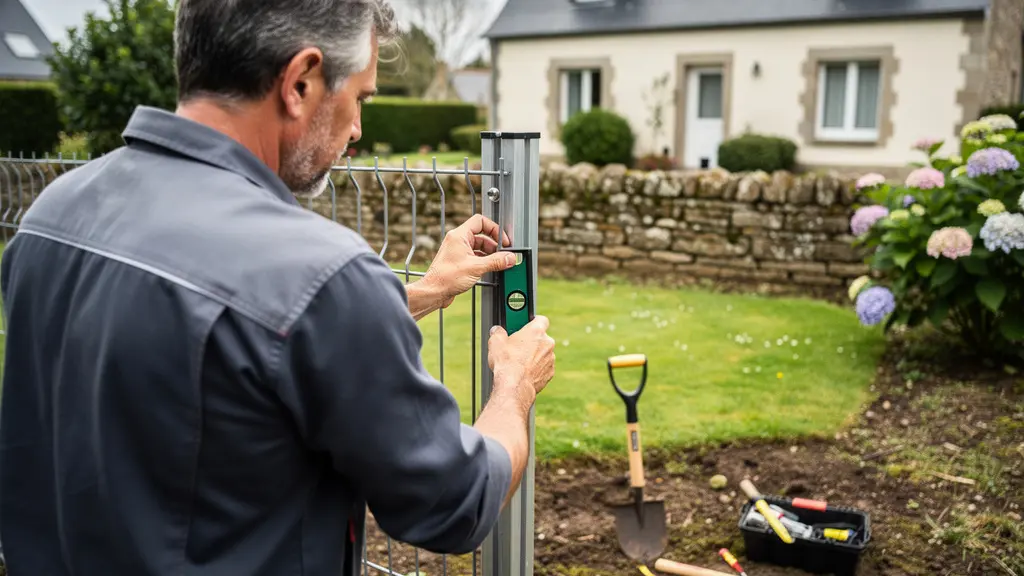 Paysagiste ajustant un poteau de clôture aluminium sur un chantier breton