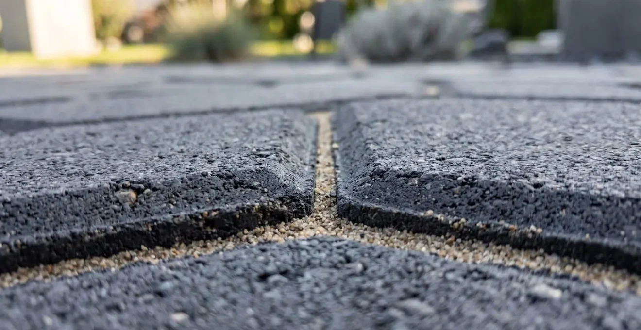 Gros plan sur la texture de pavés autobloquants gris anthracite avec joints en sable polymère, éclairés par une lumière naturelle rasante qui fait ressortir le relief