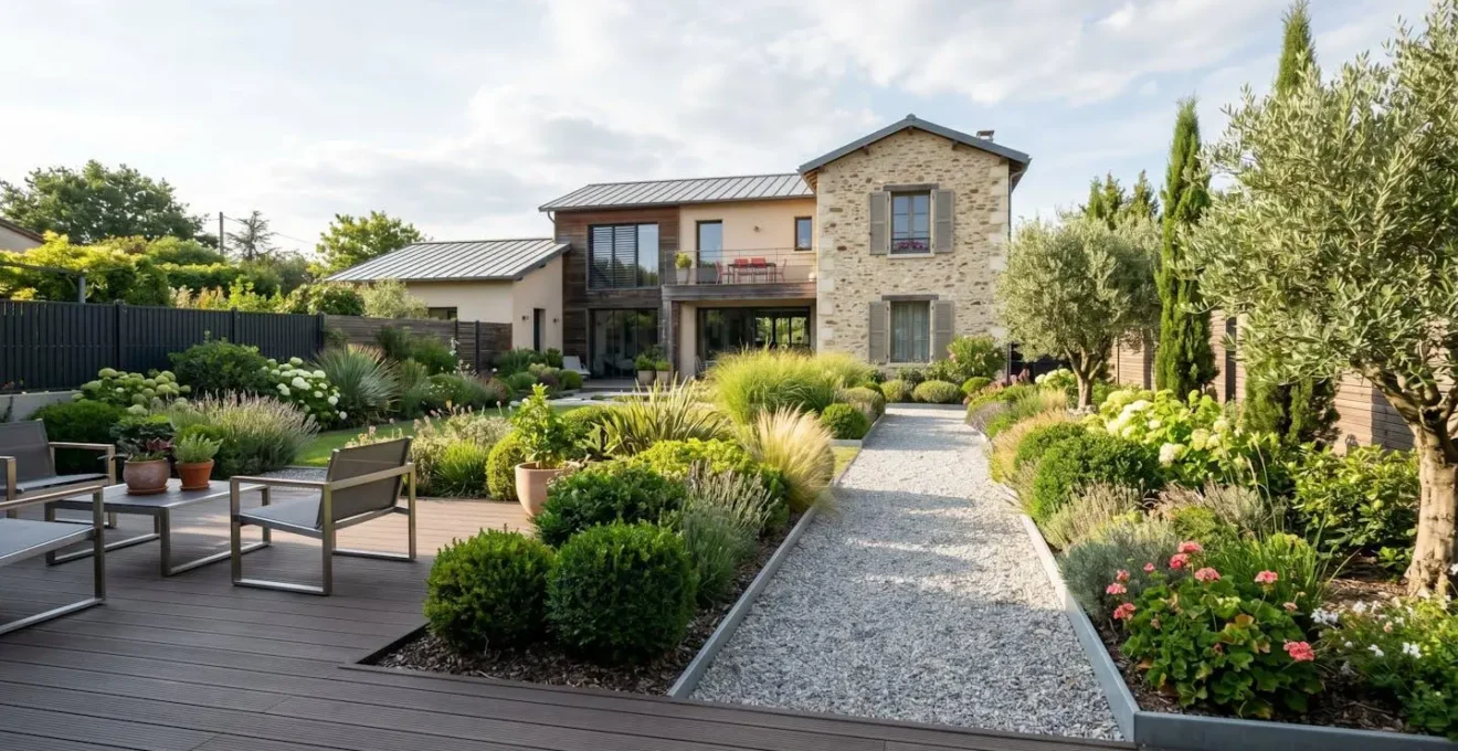 Un jardin résidentiel contemporain français avec terrasse en bois composite, massifs d'arbustes taillés et allée de gravillons, baigné de lumière naturelle en fin d'après-midi