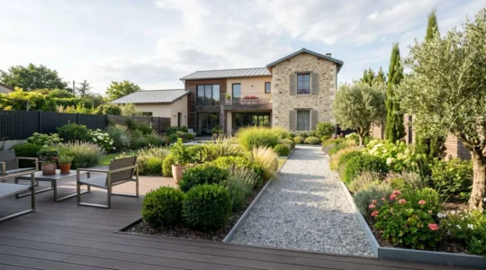 Un jardin résidentiel contemporain français avec terrasse en bois composite, massifs d'arbustes taillés et allée de gravillons, baigné de lumière naturelle en fin d'après-midi