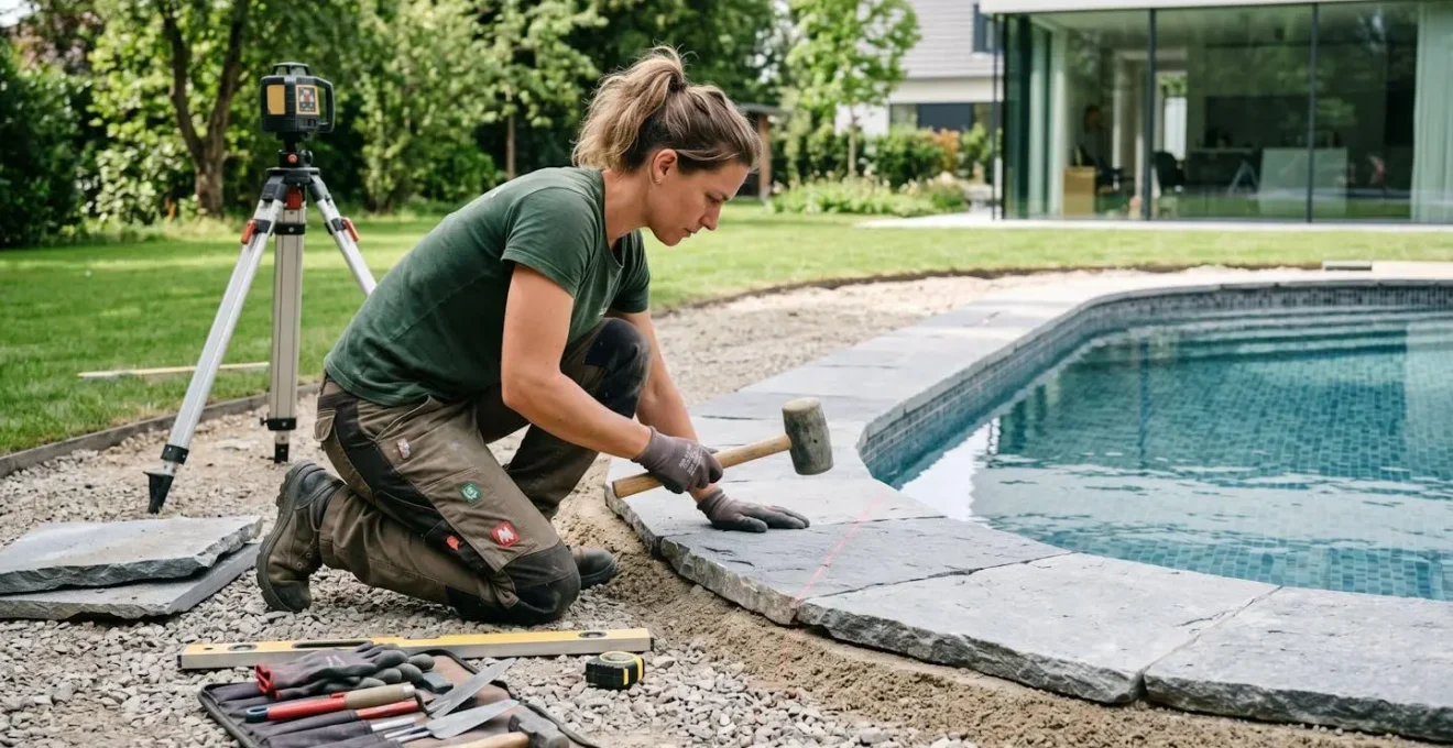 Un artisan paysagiste vu de dos installe des margelles de piscine avec un niveau laser et un maillet, sur un chantier extérieur propre et organisé, en pleine lumière naturelle