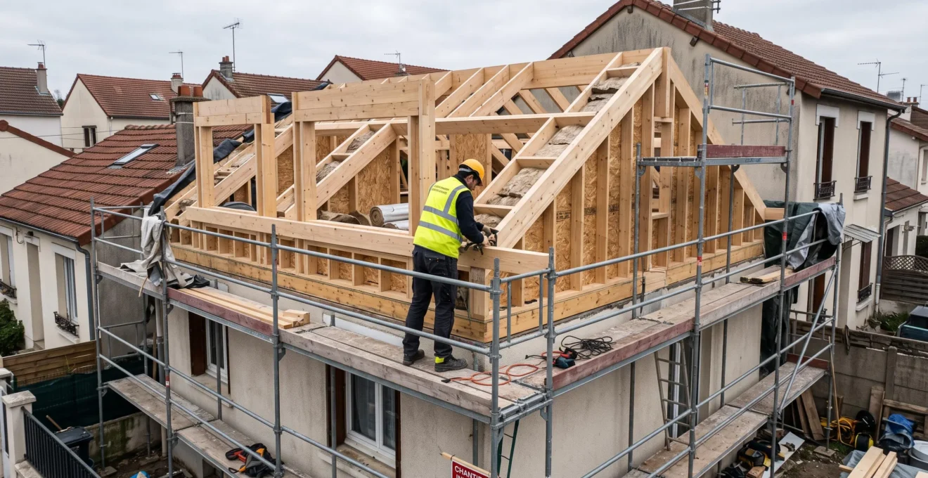 Chantier de surélévation en ossature bois sur maison individuelle française, ouvrier en gilet haute visibilité assemblant la structure avec échafaudage