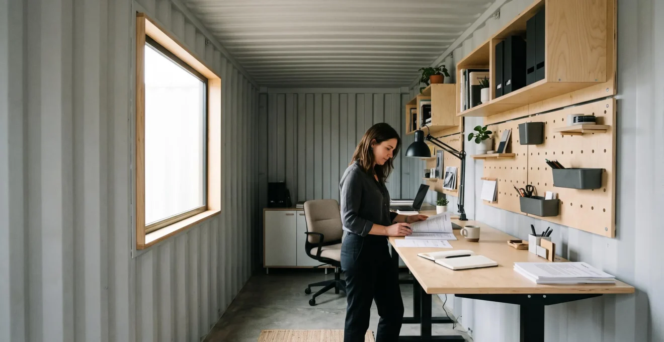 Intérieur d'un container maritime aménagé en espace de travail moderne avec bureau et rangements optimisés