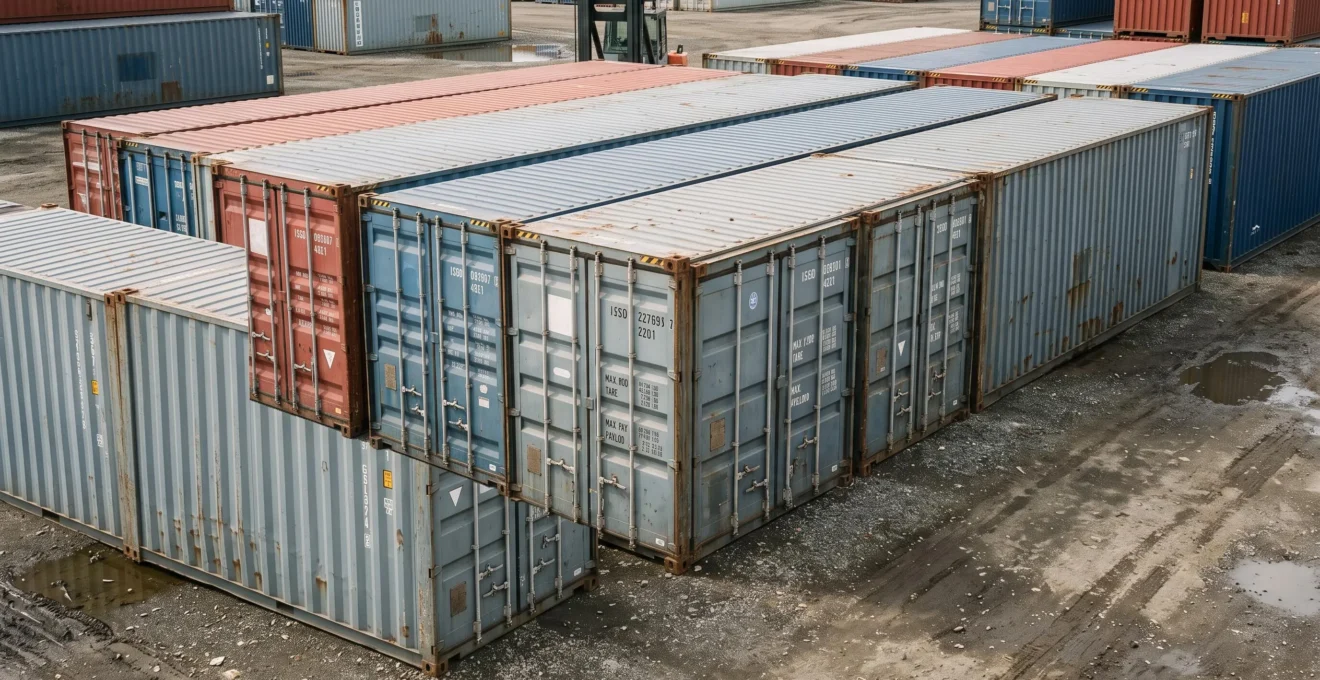 Rangée de containers maritimes ISO de 20 et 40 pieds dans une zone de stockage montrant la différence de longueur