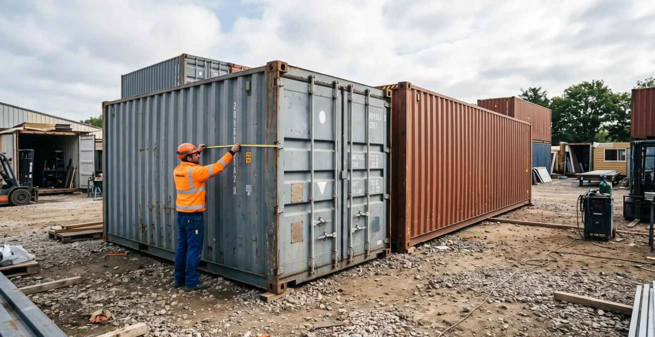 Containers maritimes de différentes tailles (20 et 40 pieds) sur un chantier d'aménagement modulaire avec ouvrier effectuant des mesures