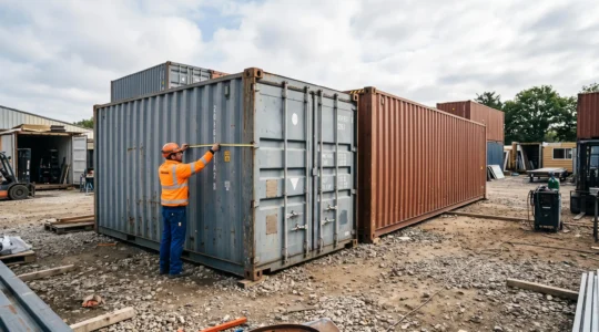 Containers maritimes de différentes tailles (20 et 40 pieds) sur un chantier d'aménagement modulaire avec ouvrier effectuant des mesures